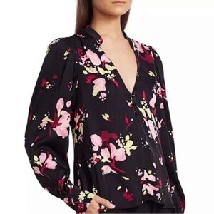 A.L.C. Rivera 100% Silk Floral Blouse Size 12 Black Pink AS-IS Flaws